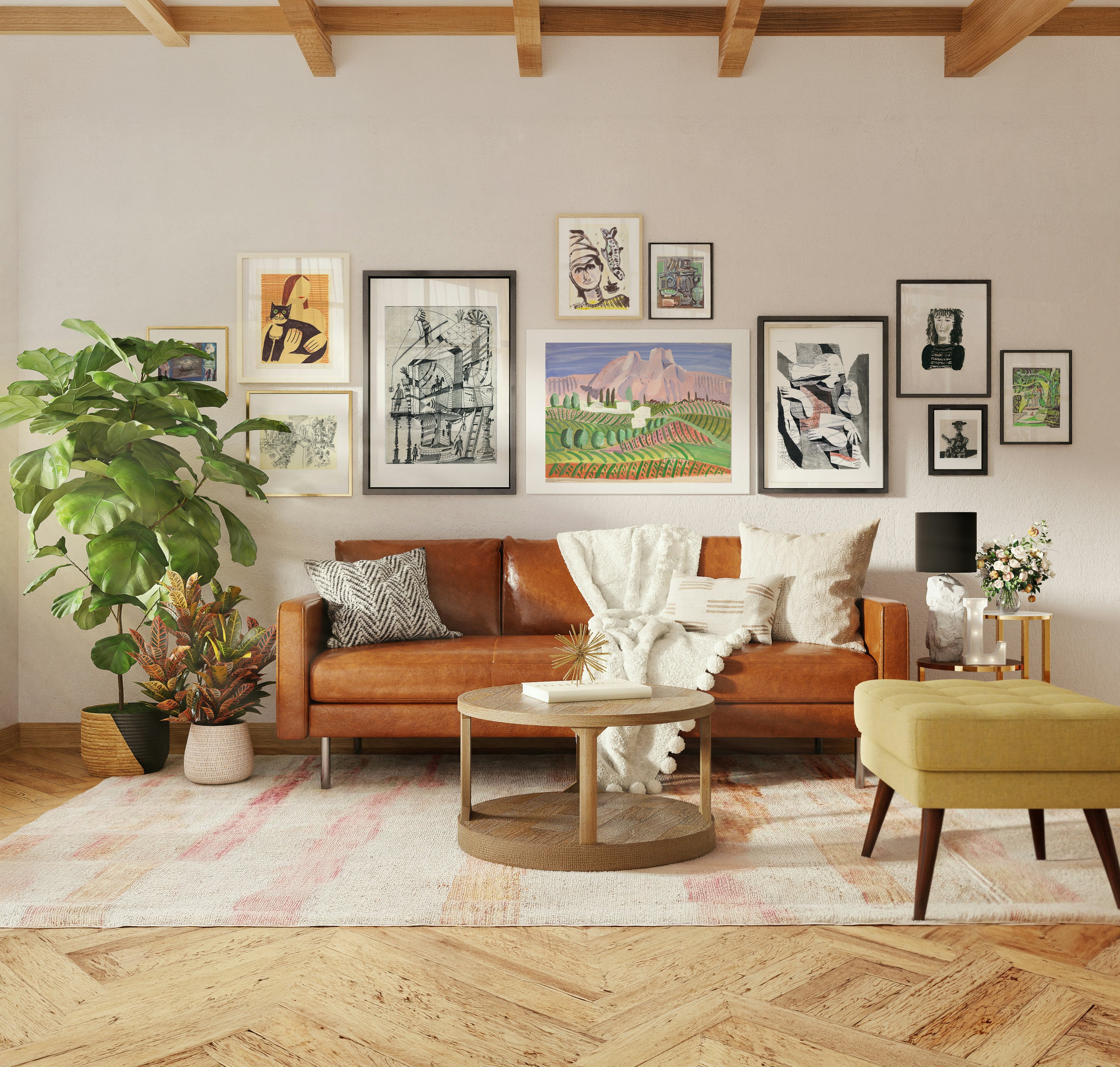 A bundle of Art Prints in living room interior