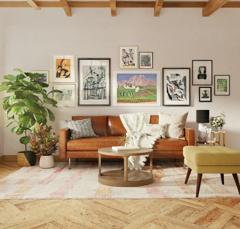 A bundle of Art Prints in living room interior