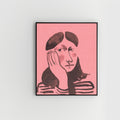 Framed artwork print of a stylized portrait on a pink background