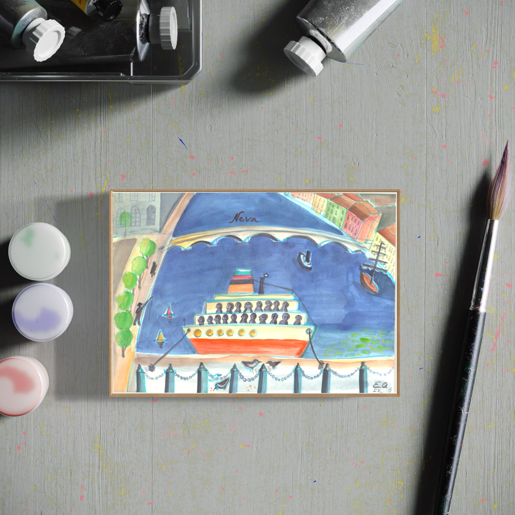 An art picture of a boat on the river Neva with a cityscape.