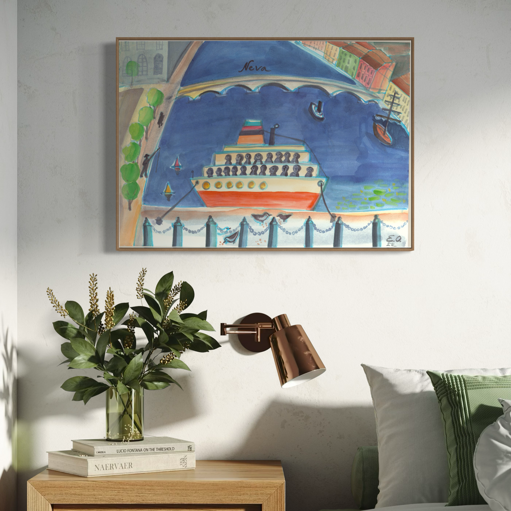 Framed artwork above a wooden nightstand with a lamp and plant in a bedroom setting.