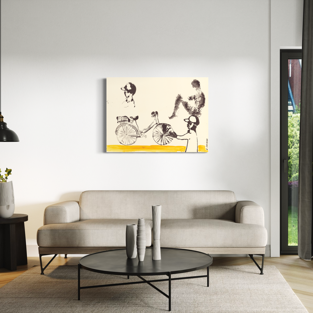 Modern living room with a sofa, coffee table, and bicycle Art Print on the wall.