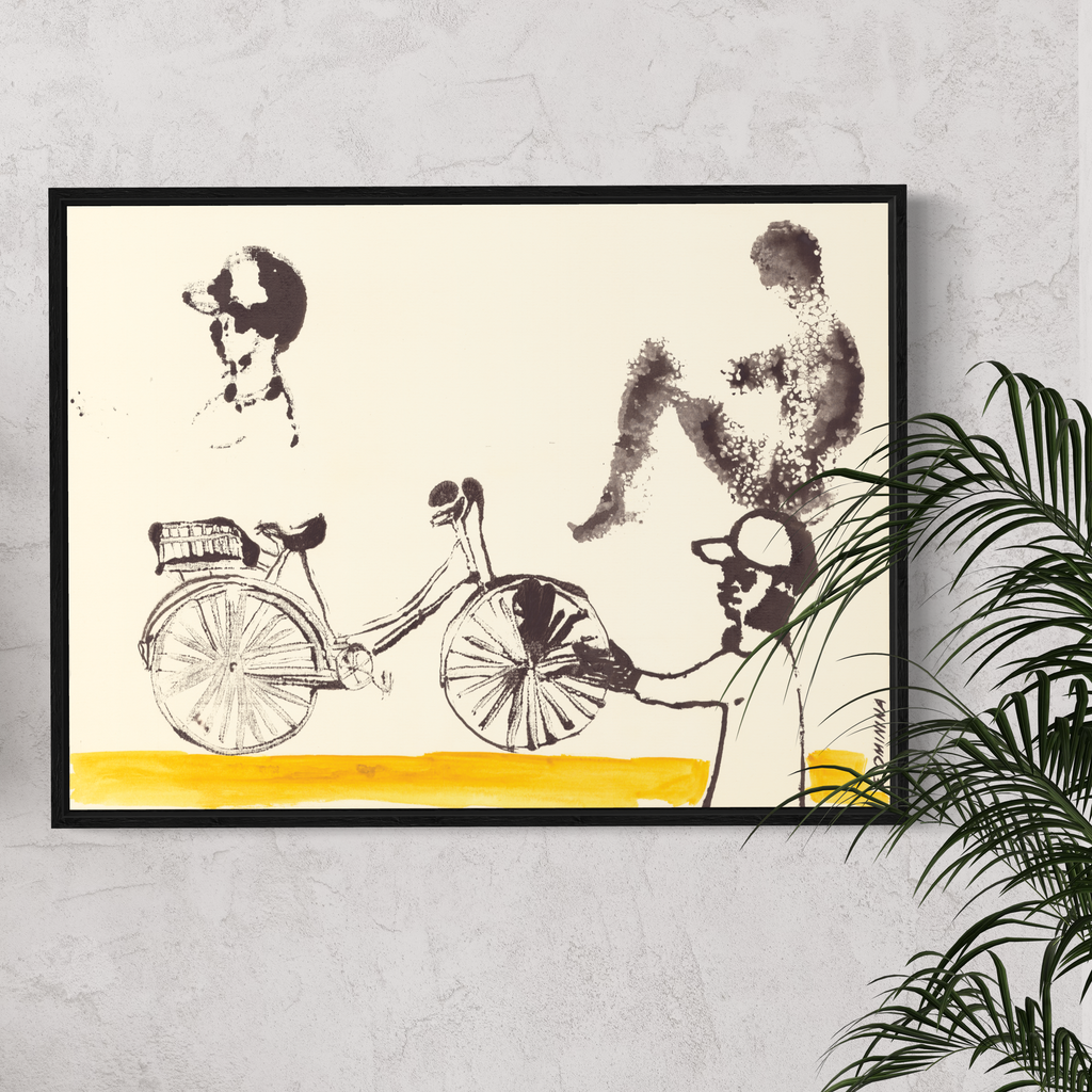 Framed bicycle Art Print on the wall of a stylised illustration on a wall with books and plants below.