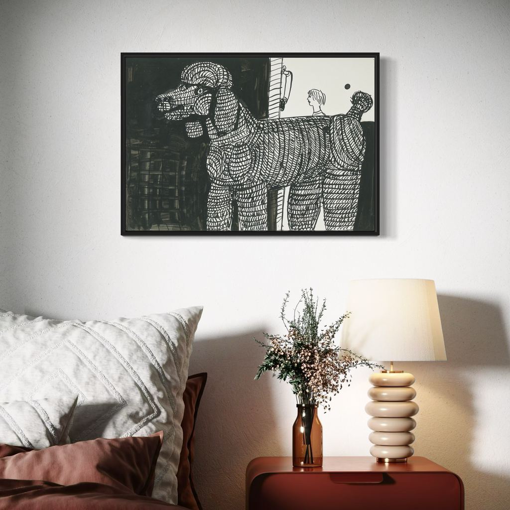 A bedroom with a framed black and white poodle dog art print above a bed, a lamp, and a vase on a nightstand.