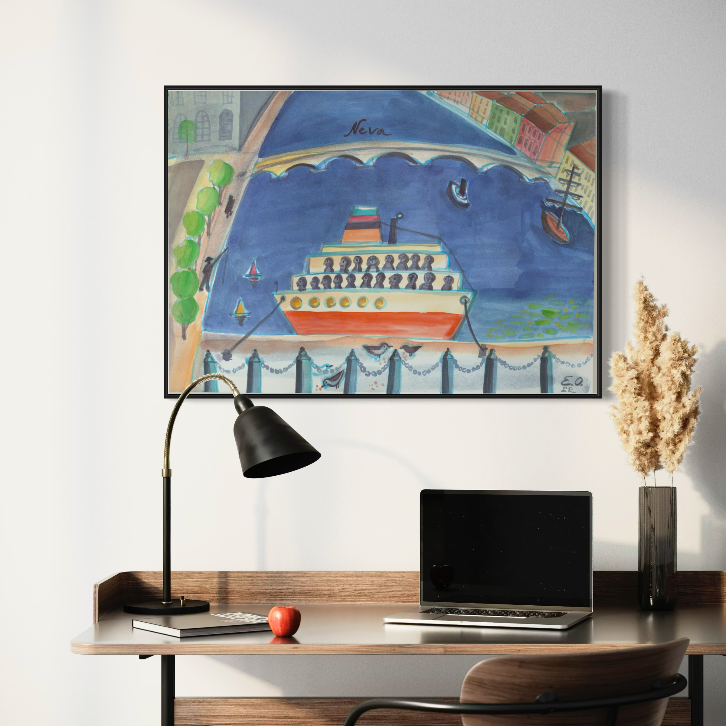 Modern office setup with a colourful art print of a ship on the wall.