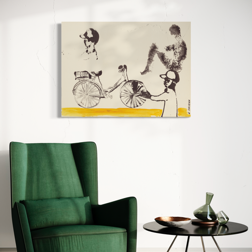 Green armchair in a room with a table and decorative items, featuring a painting depicting a bicycle on the wall.